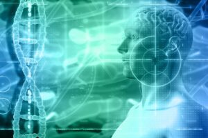 Imagem de hologramas que representam a inteligência artificial em clínicas e consultórios médicos.