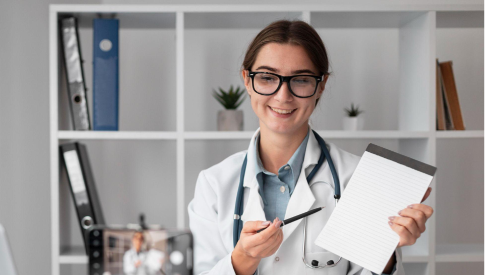 A imagem mostra uma profissional de saúde em um ambiente de consultório ou telemedicina.
