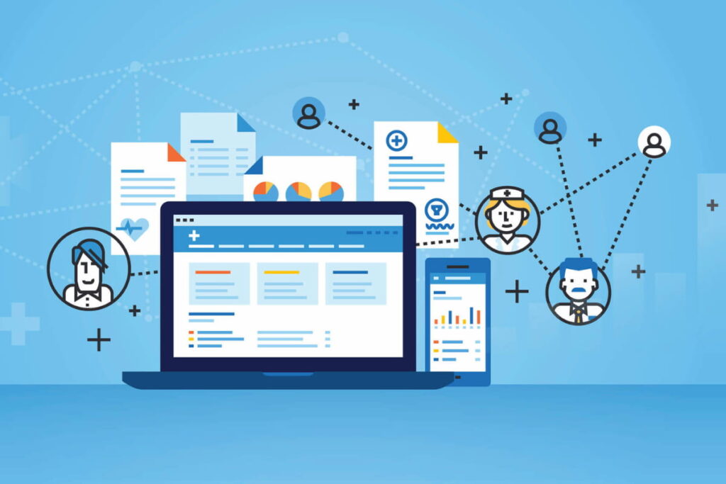 Cena de marketing médico digital com ícones de profissionais de saúde, gráficos e um computador exibindo dados.