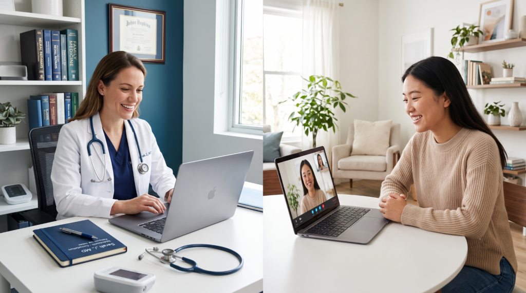 Médico realizando consulta por telemedicina em notebook utilizando uma plataforma integrada para atendimento online de pacientes.