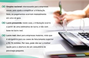 Lista de regimes tributáveis. Imagem ilustrativa para texto consultório de psicologia pequeno. 