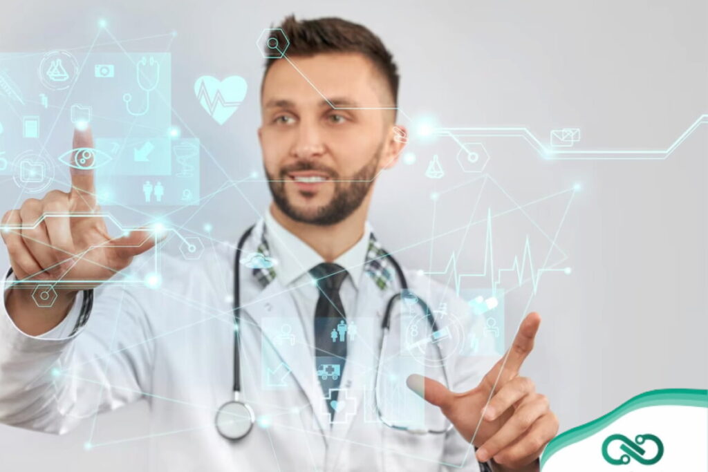 Médico com um holograma, destacando as inovações tecnológicas na medicina.