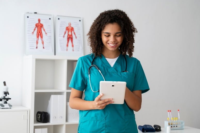 medica em seu consultorio rindo e anotando no tablet
