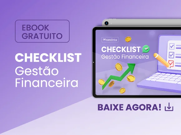 Banner roxo e branco de Conclínica, sobre e-book gratuito sobre gestão financeira.