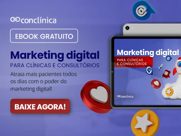 Banner roxo de Conclínica, sobre e-book gratuito sobre marketing digital para clínicas e consultórios.