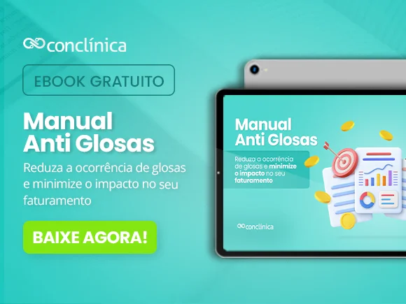 Banner azul de Conclínica sobre e-book gratuito sobre como reduzir a ocorrência de glosas.