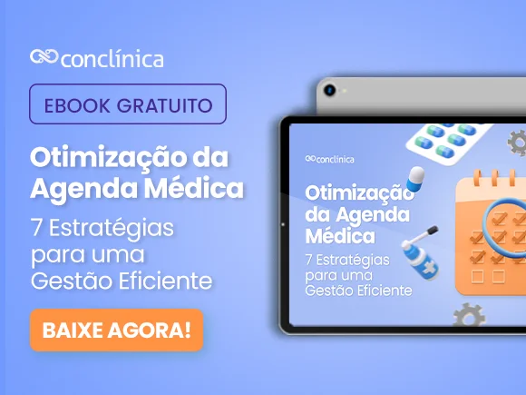 Banner com fundo azul, sobre e-book gratuito do Conclínica sobre otimização de agenda médica.