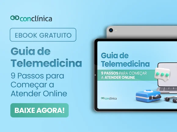 Banner azul de Conclínica, sobre e-book gratuito sobre o guia de telemedicina.