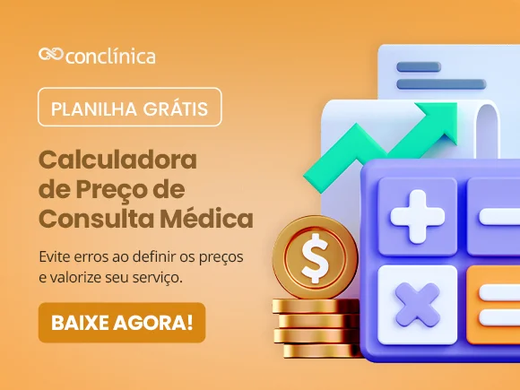 Banner laranja de Conclínica, falando sobre e-book gratuito sobre calculadora de preço de consulta médica.
