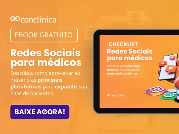 Banner laranja de Conclínica sobre e-book gratuito sobre o uso de redes sociais para médicos.