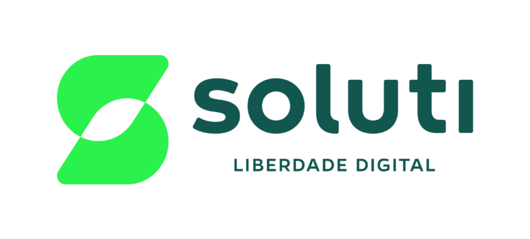 Logo da Soluti, escrito em letras verdes, com símbolo verde-claro ao lado.