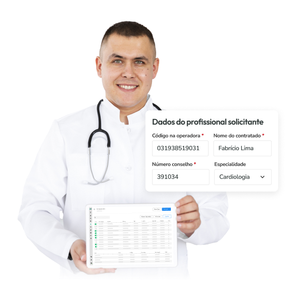 Médico, usando jaleco branco usando o software de Conclínica pelo tablet, mostrando os dados do profissional selecionado.