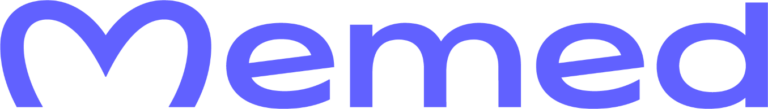 Logo da Memed, escrita em letras roxas em fundo branco.