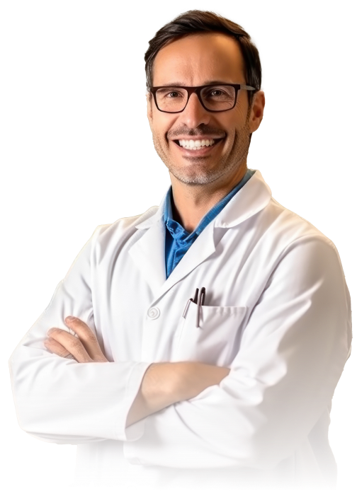 Médico de jaleco branca, com camisa social azul por baixo, usando óculos e sorrindo, visto de frente.