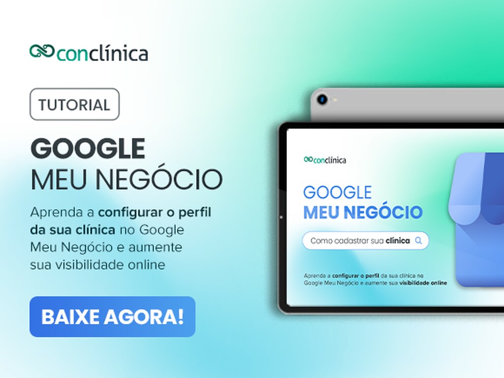 Banner de Conclínica azul, branco e verde, sobre tutorial de como configurar o Google Meu Negócio.
