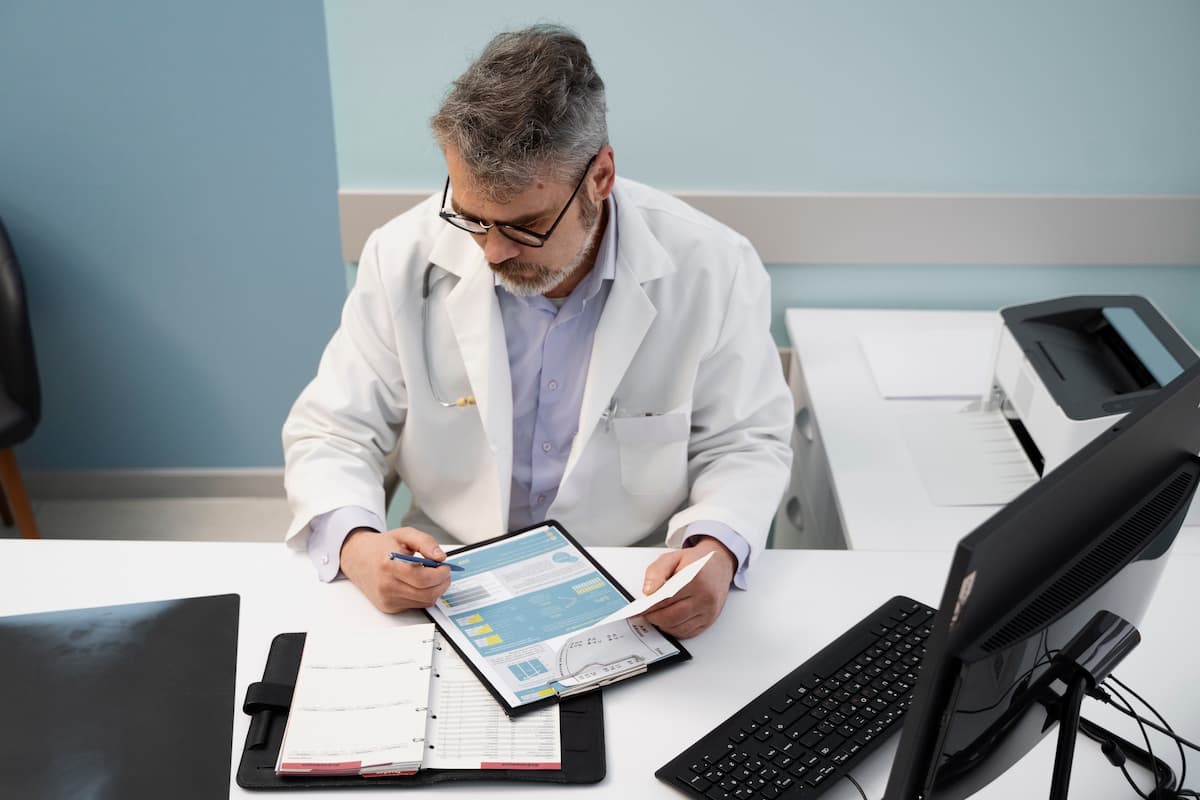 Médico analisando documentos em um consultório, revisando um exame periódico de um paciente em seu computador e prancheta.