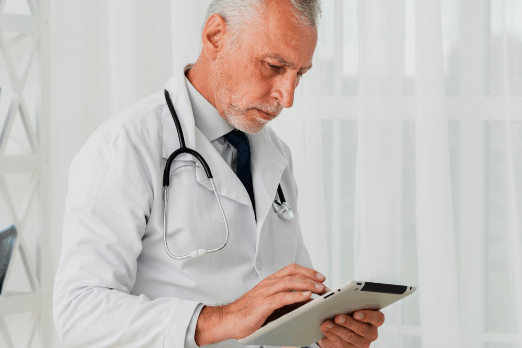 O médico está focado em um tablet (ou dispositivo similar) que segura com as duas mãos, parecendo estar lendo, analisando dados ou inserindo informações. Sua expressão é de concentração e seriedade.