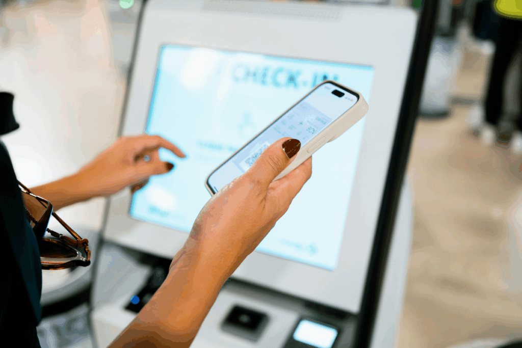 A imagem mostra uma pessoa realizando um check-in digital para clínicas em um totem eletrônico.