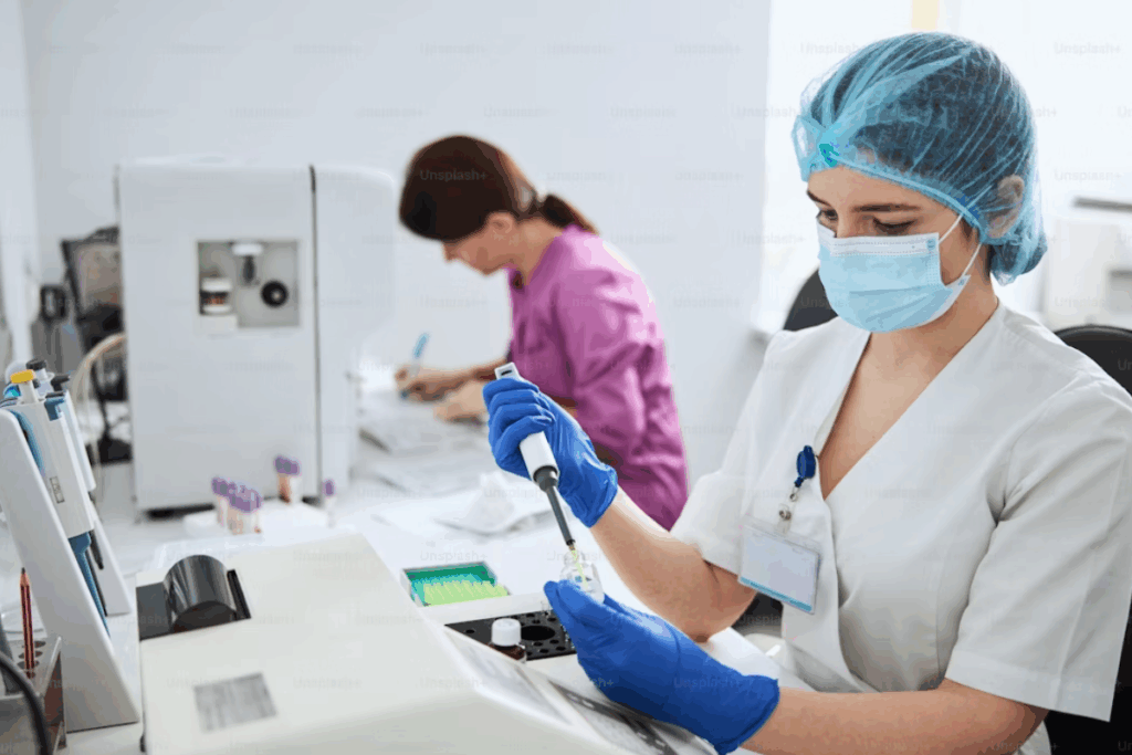 A imagem retrata duas pessoas em um ambiente que parece ser um laboratório de análises clínicas ou de pesquisa.