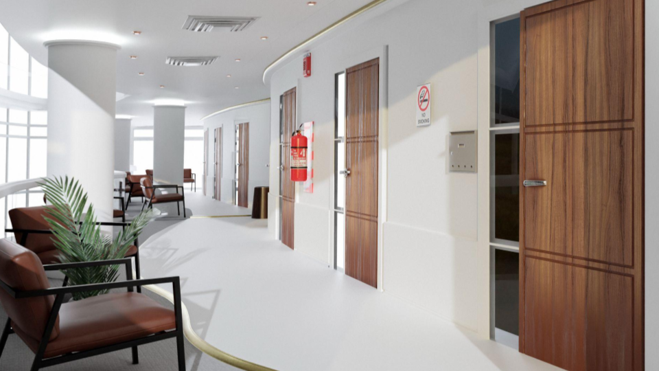 A imagem retrata o interior de um centro clínico ou executivo moderno, caracterizado por um design minimalista e funcional.