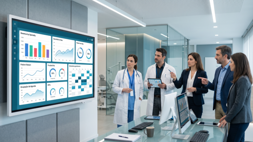 Profissionais de uma clínica médica analisam um dashboard digital com gráficos, indicadores de desempenho e métricas de gestão. A tela exibe informações relacionadas à ocupação da agenda, produtividade médica, retorno de pacientes, receita por especialidade e taxa de cancelamentos, representando o uso de dados para apoiar decisões estratégicas na área da saúde.