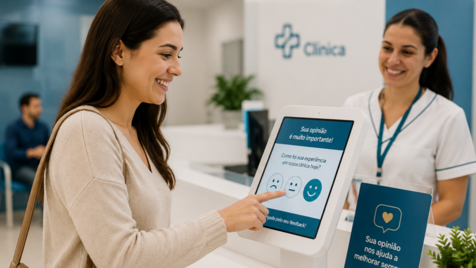 Fotografia profissional em ambiente de clínica moderna, com predominância de tons brancos e detalhes em azul petróleo na decoração. Um paciente sorridente utiliza um smartphone ou tablet para avaliar seu atendimento após a consulta.