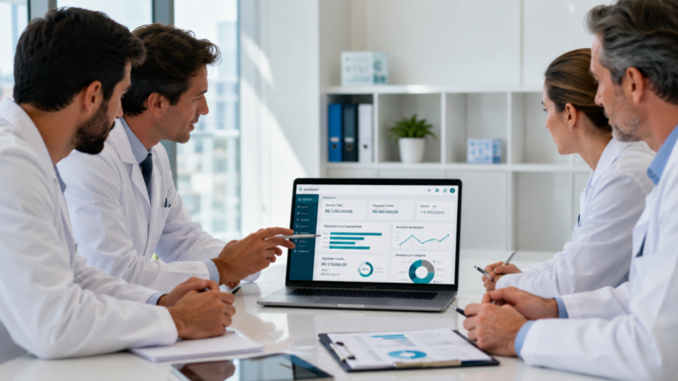 Grupo de médicos sócios reunidos em uma sala de reunião moderna e bem iluminada, analisando indicadores financeiros exibidos em um notebook sobre a mesa. Na tela, gráficos, métricas e relatórios em tons de azul petróleo representam o desempenho financeiro da clínica. Os profissionais discutem os dados de forma colaborativa, transmitindo transparência, governança, organização financeira e tomada de decisão baseada em informações confiáveis. Ambiente clean, corporativo e voltado à gestão estratégica de clínicas.