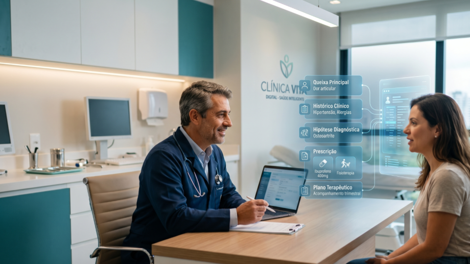 Médico realiza consulta em uma clínica moderna enquanto uma interface digital baseada em inteligência artificial organiza automaticamente informações da conversa em campos estruturados do prontuário eletrônico. Elementos visuais representam categorias como histórico clínico, diagnóstico e prescrição, conectadas por fluxos de dados. A cena transmite automação, produtividade, integração tecnológica e eficiência na documentação clínica, com predominância de tons branco e azul-petróleo.