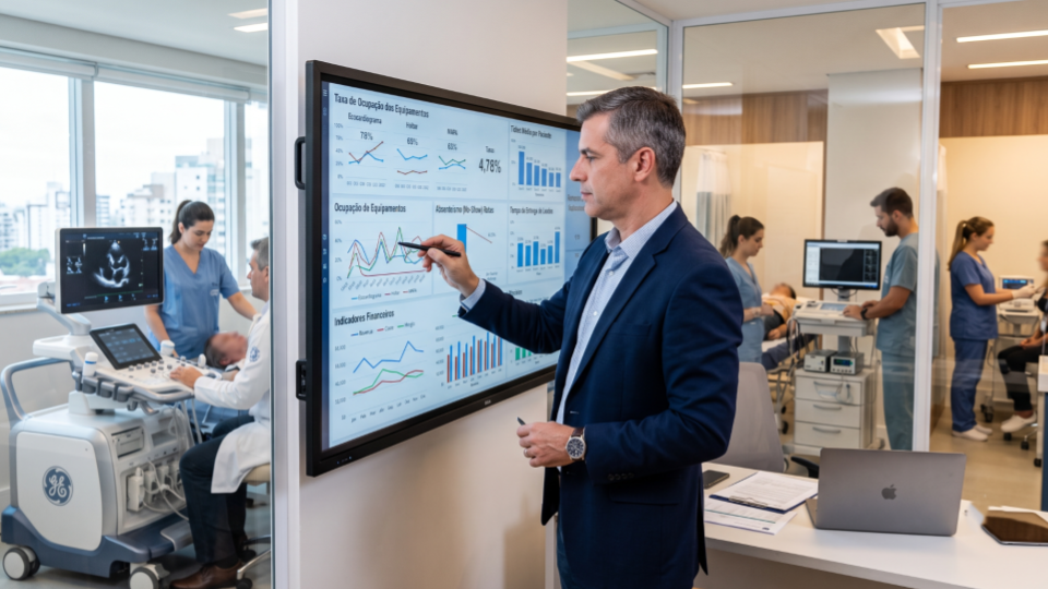 Gestor de clínica de cardiologia analisando indicadores de desempenho em um dashboard com gráficos financeiros e operacionais, enquanto médicos realizam exames cardiovasculares em ambiente moderno e tecnológico.