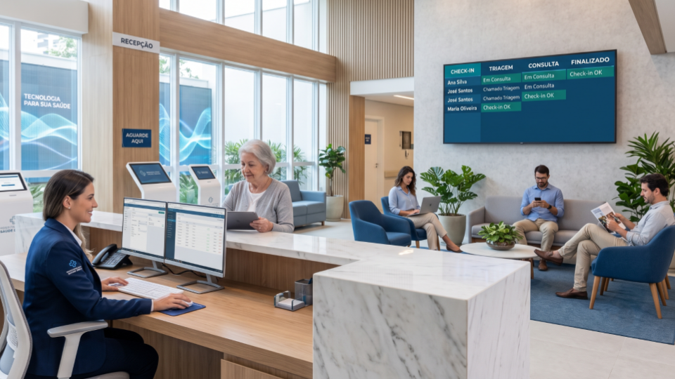 Recepção moderna com gestão de filas em clínicas, painel digital de chamadas, check-in digital e pacientes aguardando de forma organizada em ambiente confortável.