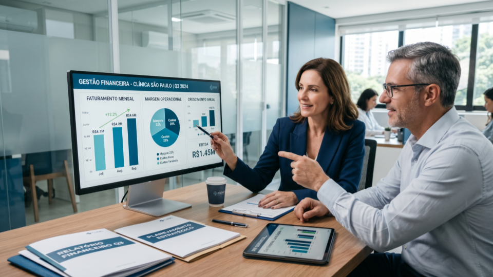 Gestores de uma clínica médica analisam dashboards financeiros em um computador, com gráficos de desempenho, relatórios e documentos organizados sobre a mesa, representando análise estratégica e aumento do valuation da clínica.