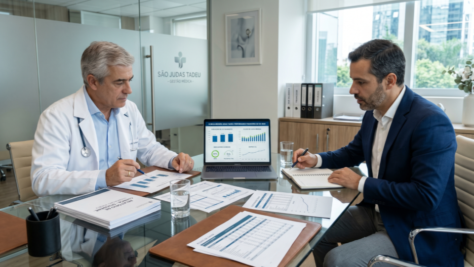 Profissional médico e consultor financeiro analisam relatórios e indicadores em uma sala de reunião, com gráficos de desempenho e dados financeiros em um notebook, representando processo de avaliação e preparação para venda de uma clínica médica.