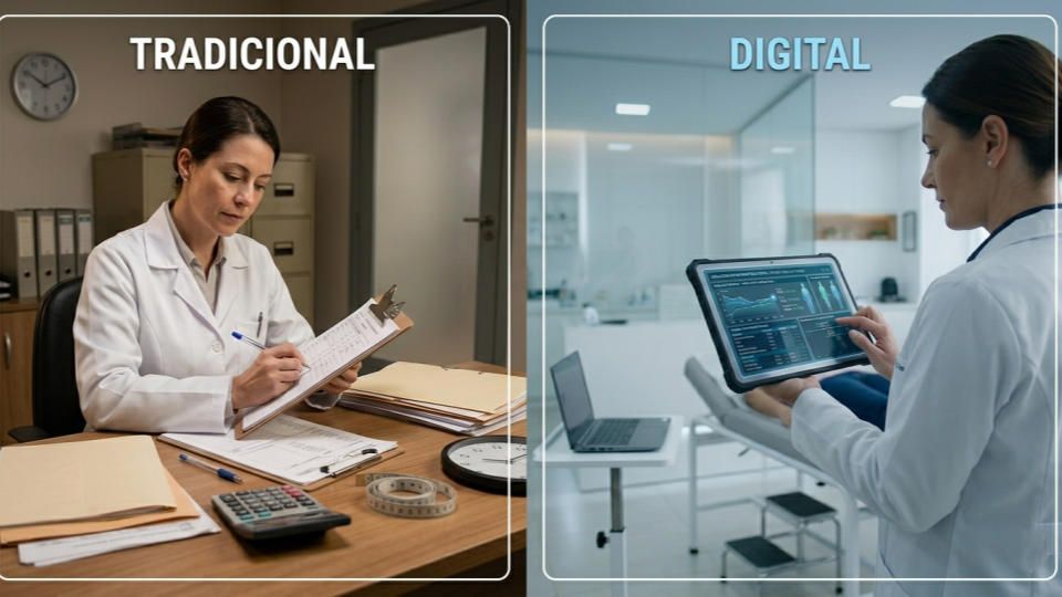 Comparação entre avaliação antropométrica registrada em papel e avaliação corporal digital integrada a sistema clínico, destacando organização dos dados e acompanhamento da evolução do paciente.