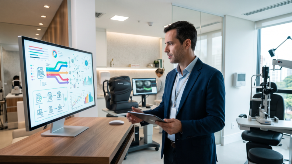 Gestor de clínica de oftalmologia analisa indicadores de faturamento em sistema digital, com equipamentos oftalmológicos modernos ao fundo, representando a automação do padrão TISS, o controle de glosas e a gestão financeira.