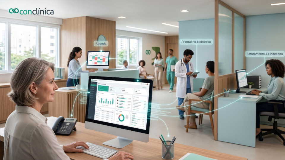 Gestora de clínica acompanha dashboard enquanto agenda, atendimento, prontuário, faturamento e financeiro aparecem integrados em uma única plataforma.