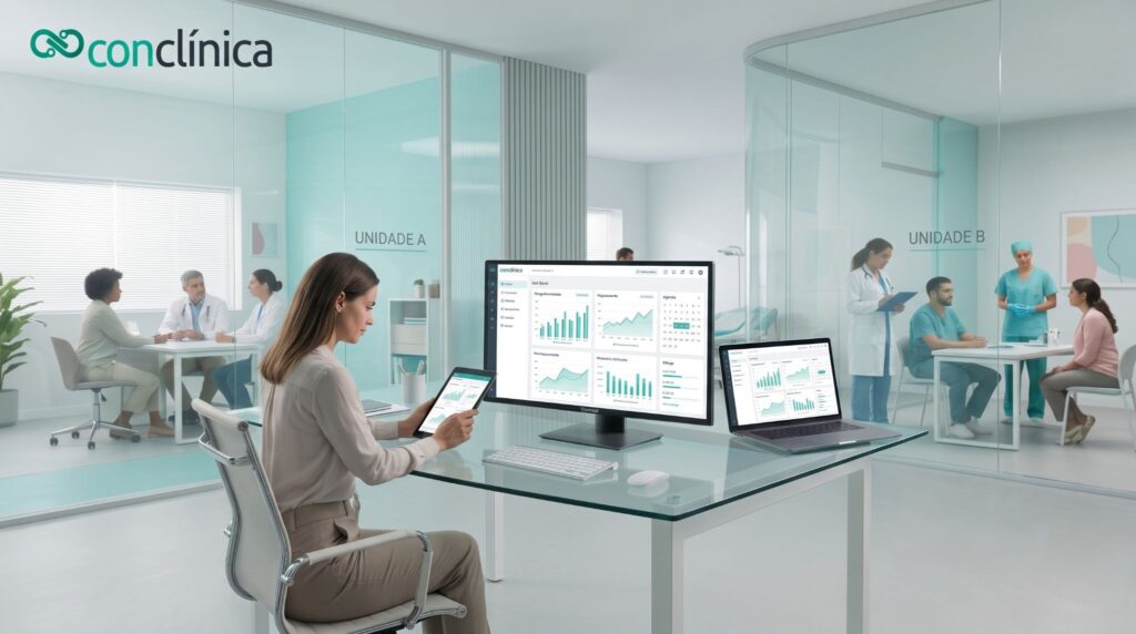 Gestor acompanha dados de diferentes unidades de uma clínica em uma interface digital, representando tecnologia e gestão integrada na expansão de clínicas.