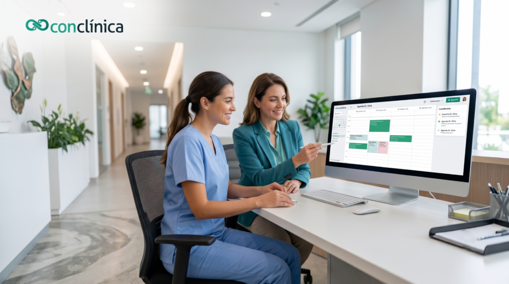 Profissional de saúde utilizando um software de gestão em saúde com lembretes digitais para organizar campanhas preventivas e agendamentos.