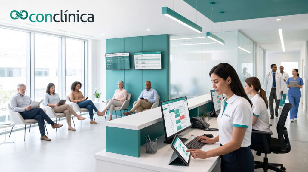 Recepção de clínica médica moderna com equipe organizada e pacientes aguardando atendimento, representando crescimento sustentável e eficiência operacional.