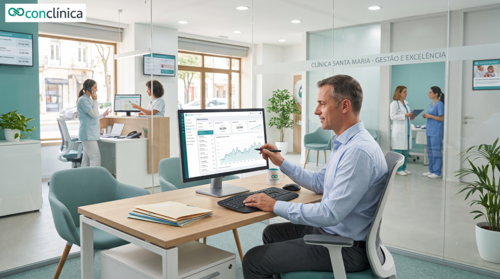 Gestor de clínica médica acompanha indicadores em sistema digital integrado para melhorar processos e apoiar o crescimento da operação.