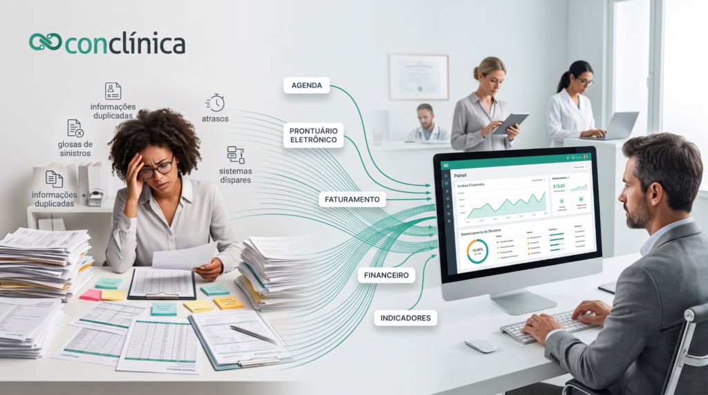 Ilustração de uma clínica médica com gestão de convênios integrada, mostrando profissionais organizando processos de agenda, prontuário eletrônico, faturamento e financeiro em uma plataforma digital. A imagem representa a redução de retrabalho, controle de indicadores e eficiência operacional com tecnologia em saúde.