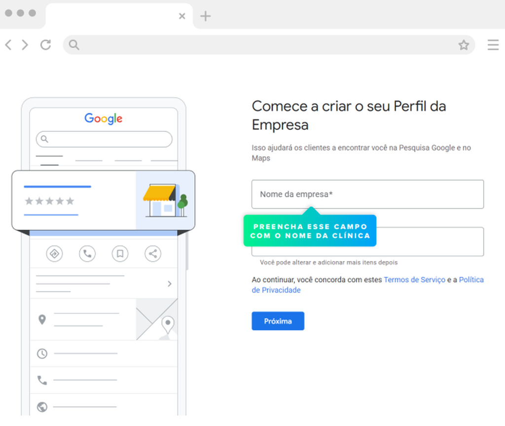 Tela de criação de perfil de empresa no Google Meu Negócio, com campo de preenchimento para o nome.