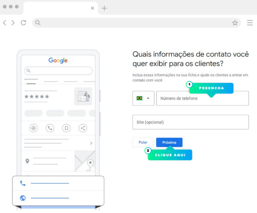 Página do Google Meu Negócio sobre disponibilização de informações de contato para clientes.