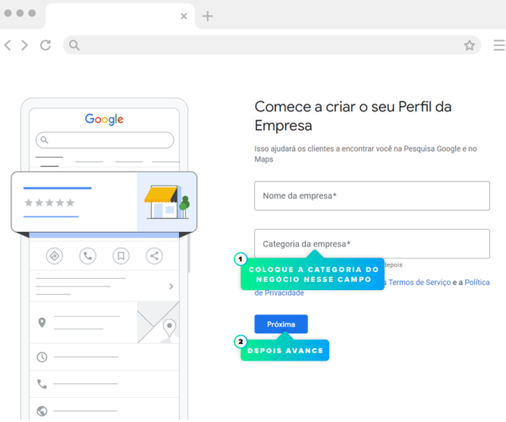 Página de criação de perfil de empresa no Google Meu Negócio, com indicação para preencher o campo de categoria da empresa.