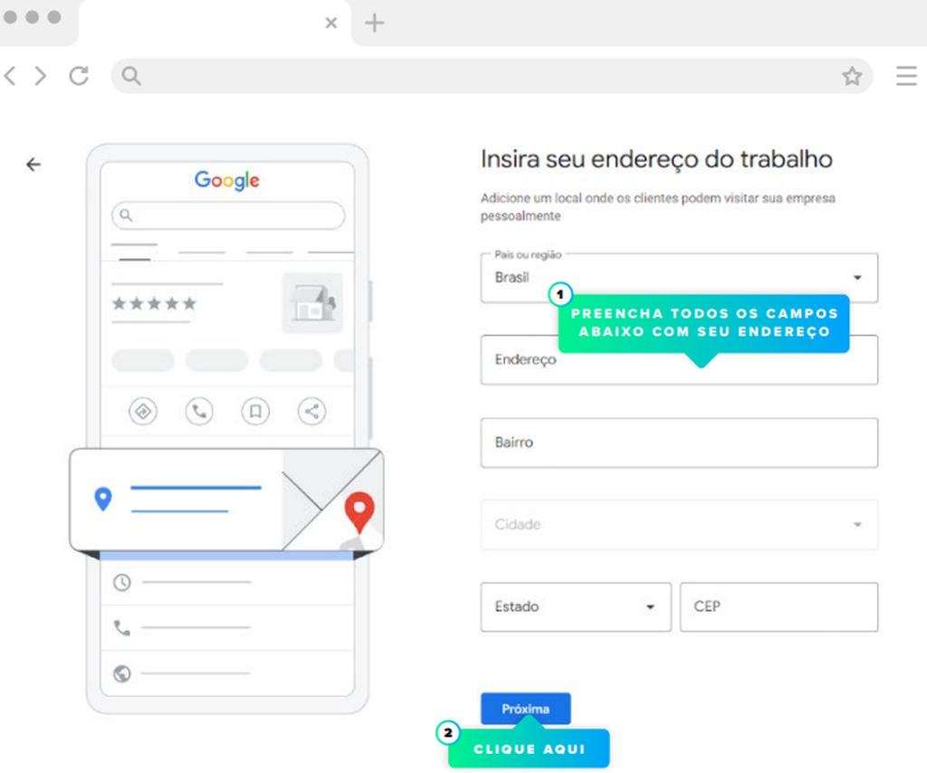 Página no Google Meu Negócio para preenchimento de endereço.