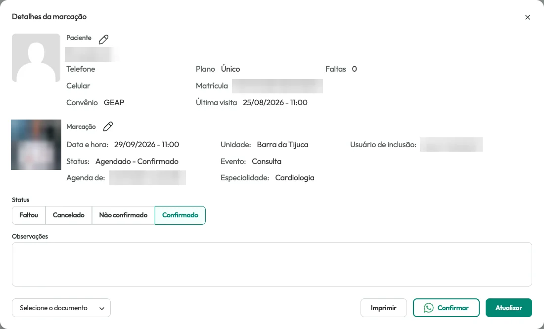 Tela de detalhes da marca&ccedil;&atilde;o no Concl&iacute;nica, com os status Faltou, Cancelado, N&atilde;o confirmado e Confirmado e o bot&atilde;o Confirmar por WhatsApp