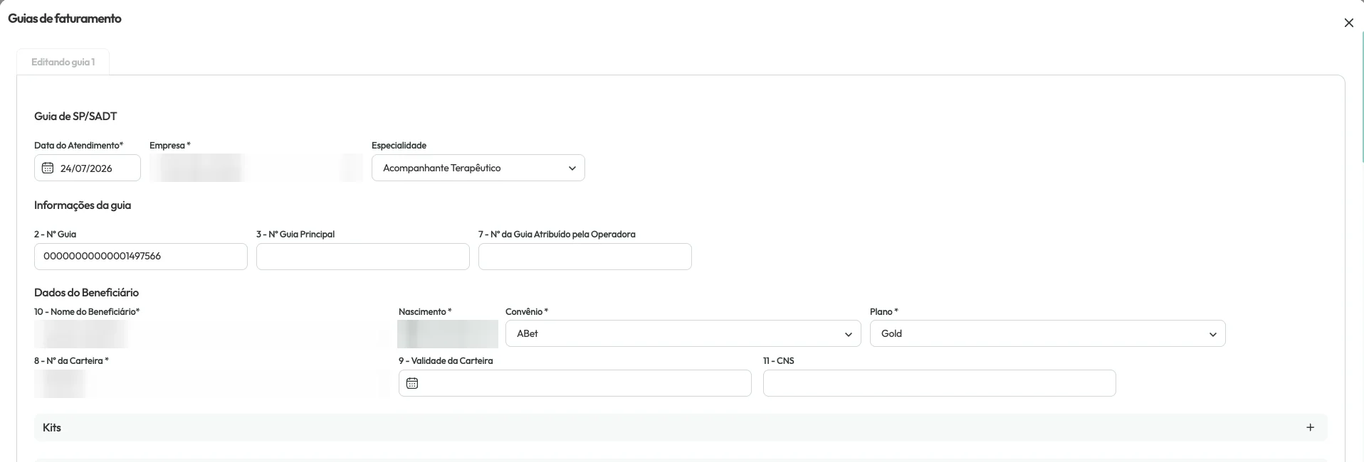 Formul&aacute;rio da guia SP/SADT no Concl&iacute;nica com data do atendimento, n&uacute;mero da guia, conv&ecirc;nio, plano e carteira do benefici&aacute;rio