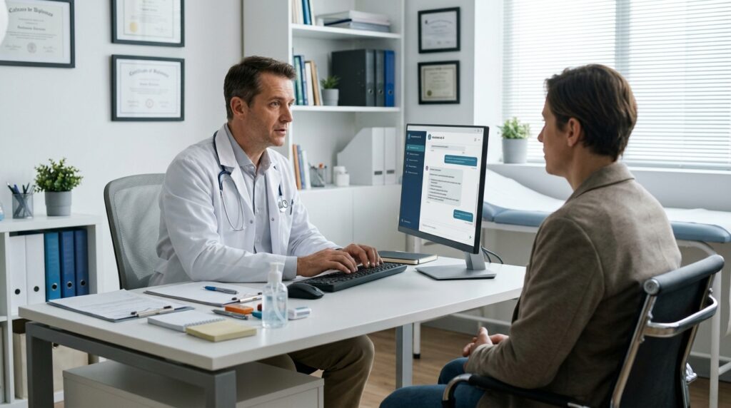 Médico usa o computador durante o atendimento a um paciente: uso de IA e a Resolução CFM 2.454/2026