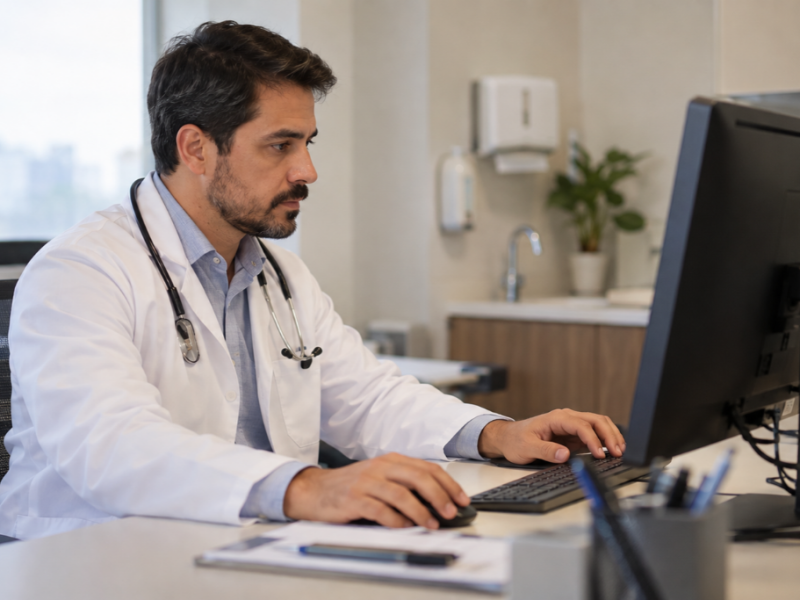 Médico realiza uma prescrição digital em sistema eletrônico