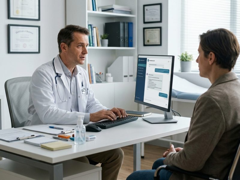 Médico usa o computador durante o atendimento a um paciente: uso de IA e a Resolução CFM 2.454/2026