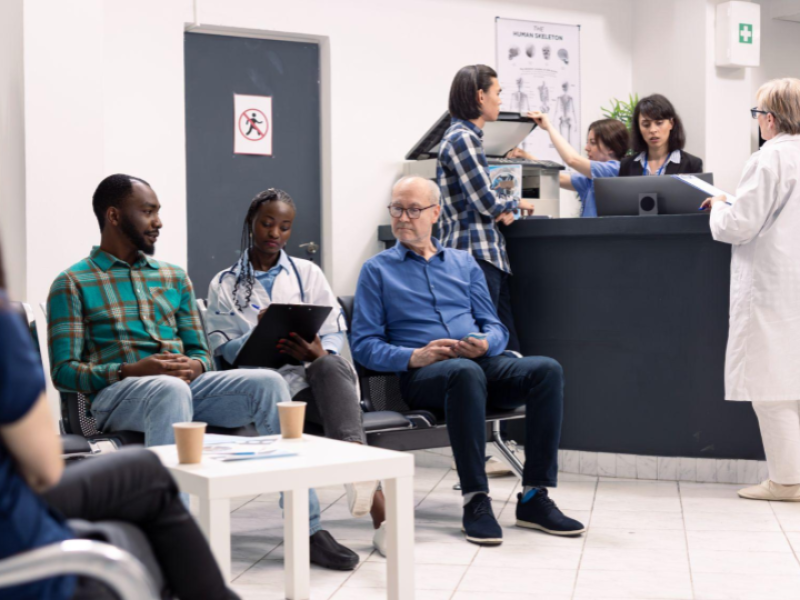 A imagem retrata a rotina na sala de espera e na recepção de uma clínica médica ou hospital. A cena mostra diferentes interações acontecendo simultaneamente em um ambiente bem iluminado.